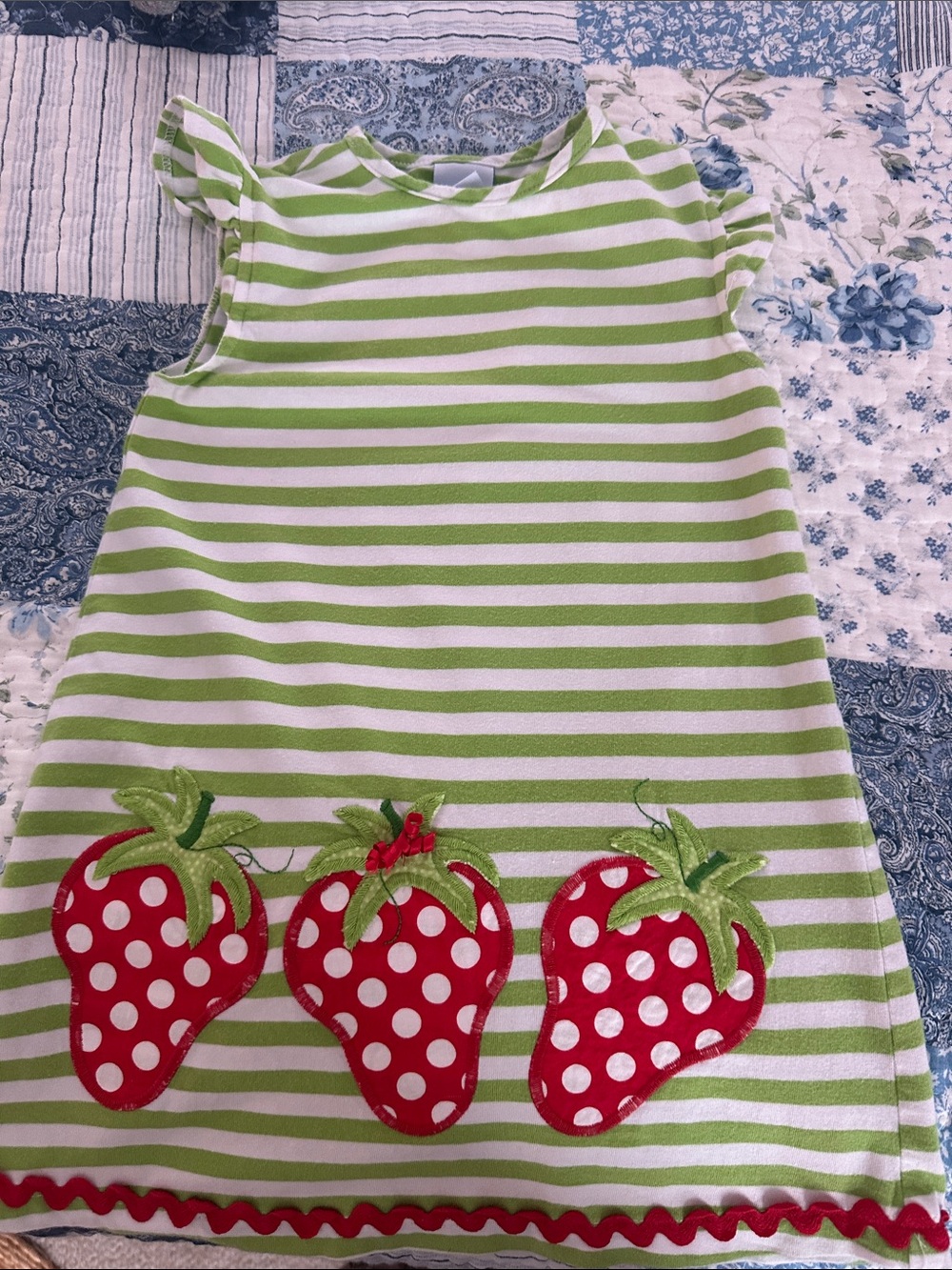 Bailey Boys Girls Green & White Stripe Dress with Red Strawberry Appliqué